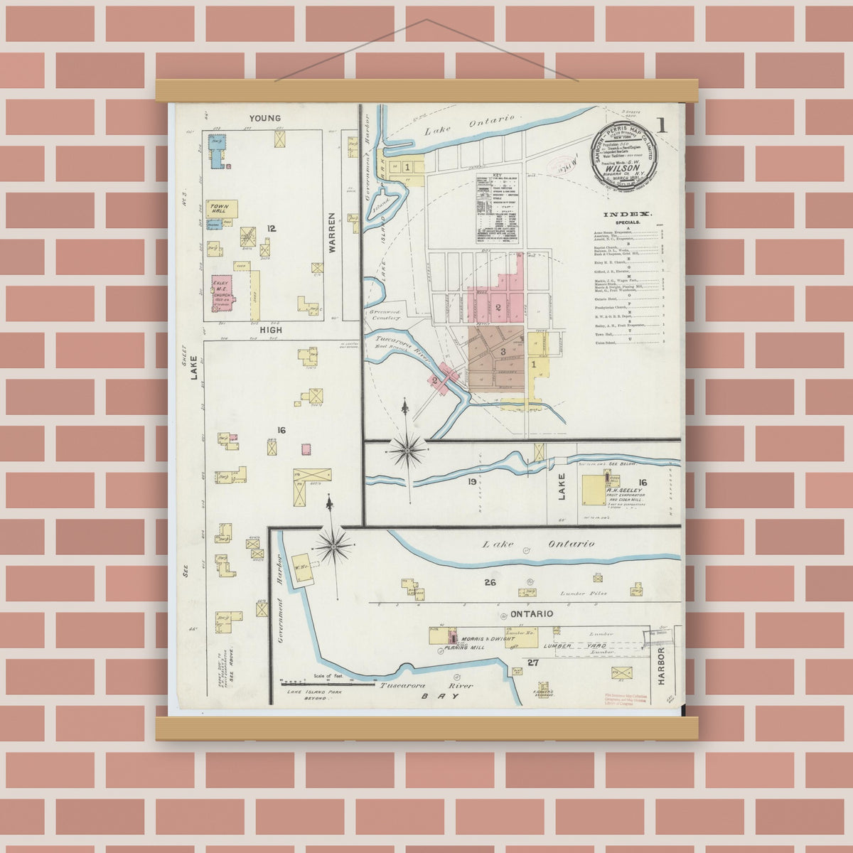 Old map wall art mockup — magnetic wood frame on brick wall — Sanborn Fire Insurance Map from Wilson, Niagara County, New York (1891) - Complete Map Set