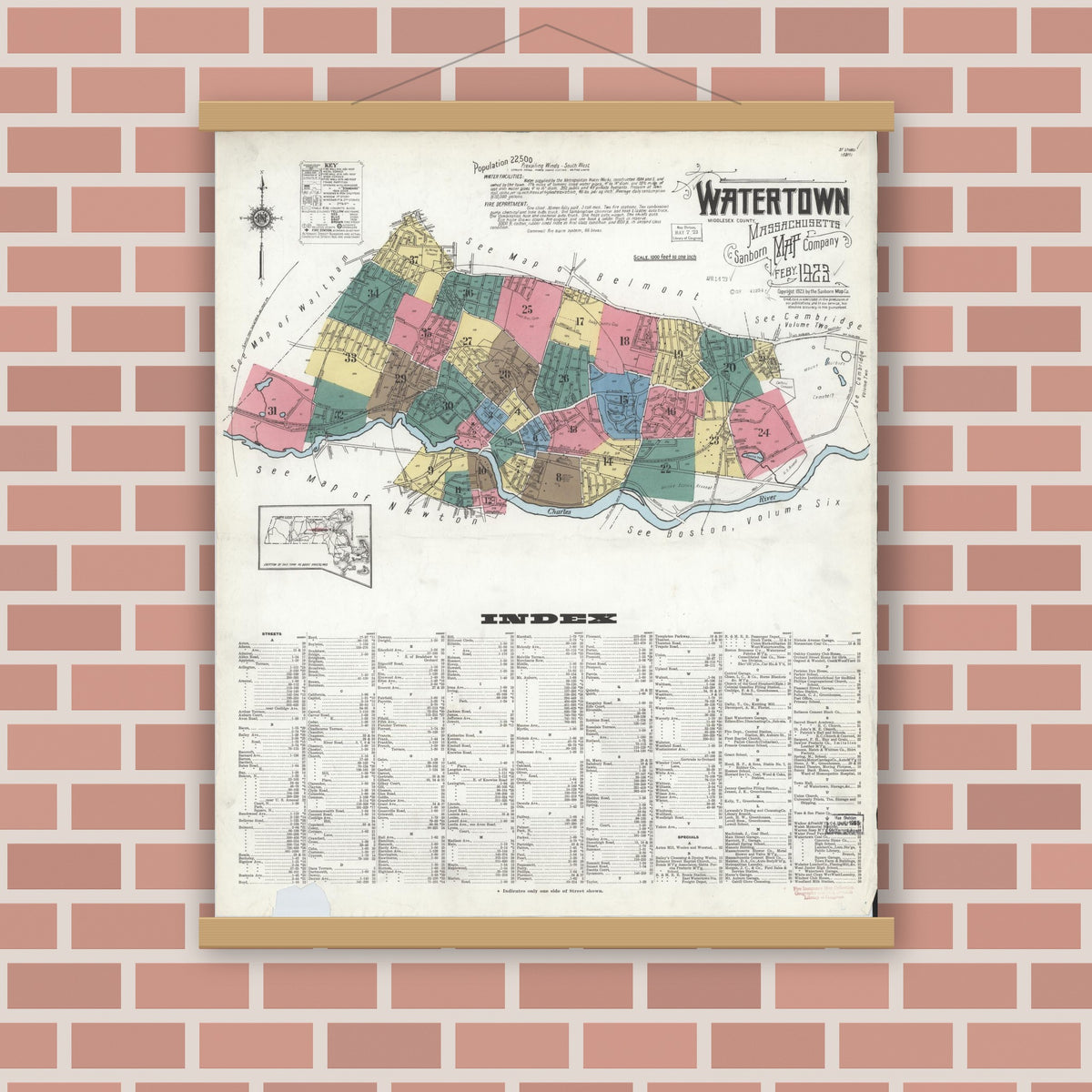Old map wall art mockup — magnetic wood frame on brick wall — Sanborn Fire Insurance Map from Watertown, Middlesex County, Massachusetts (1923) - Complete Map Set