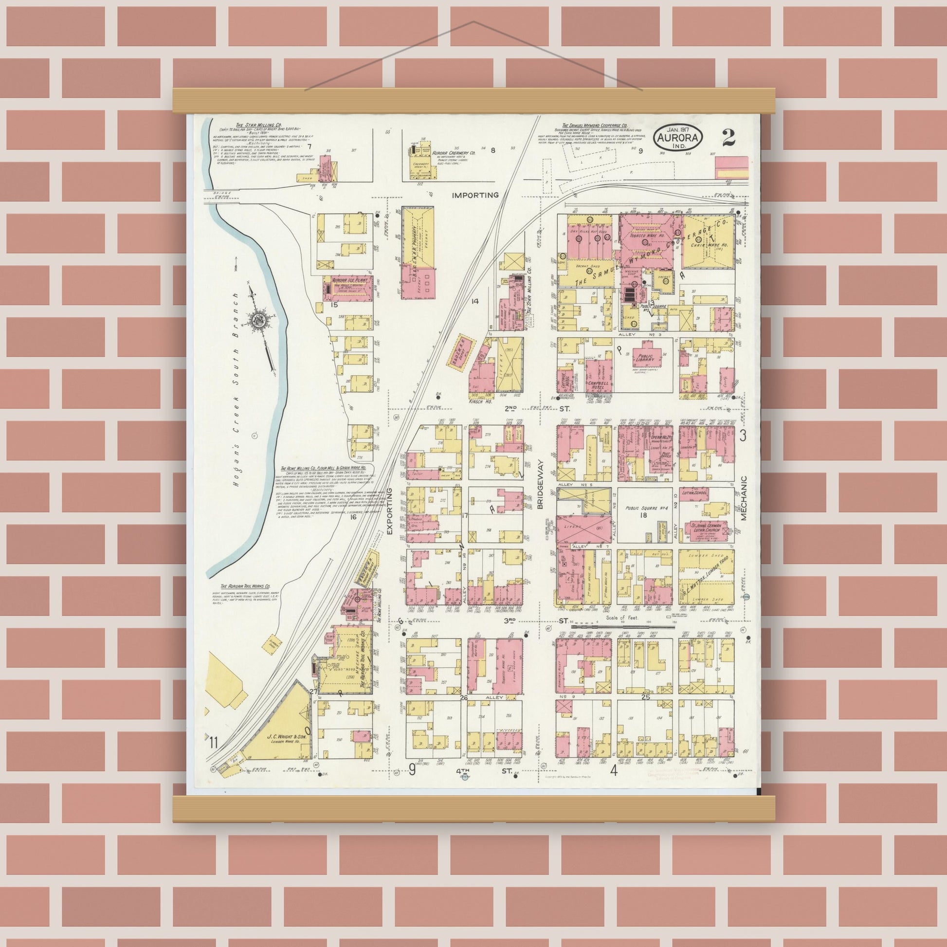 Old map wall art mockup — magnetic wood frame on brick wall — Sanborn Fire Insurance Map from Aurora, Dearborn County, Indiana (1917), Sheet #0002