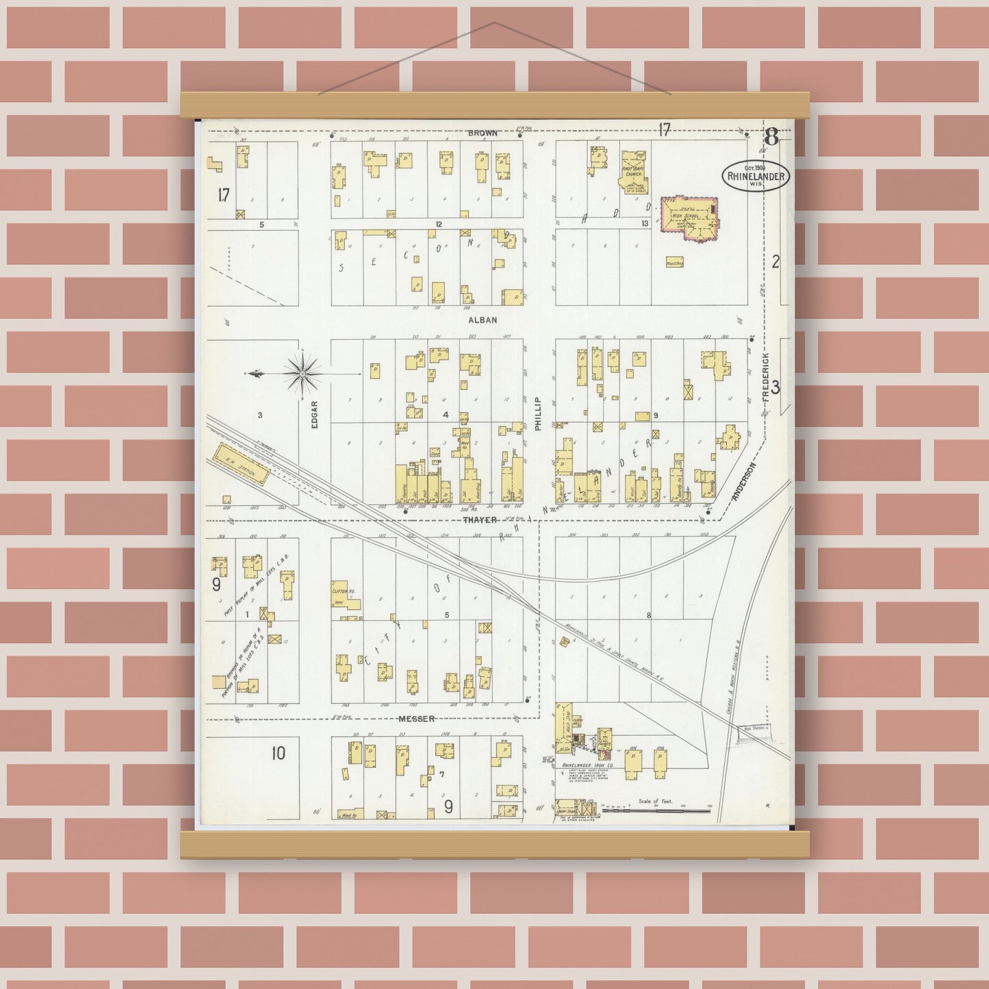 Old map wall art mockup — magnetic wood frame on brick wall — Sanborn Fire Insurance Map from Rhinelander, Oneida County, Wisconsin (1900), Sheet #0008