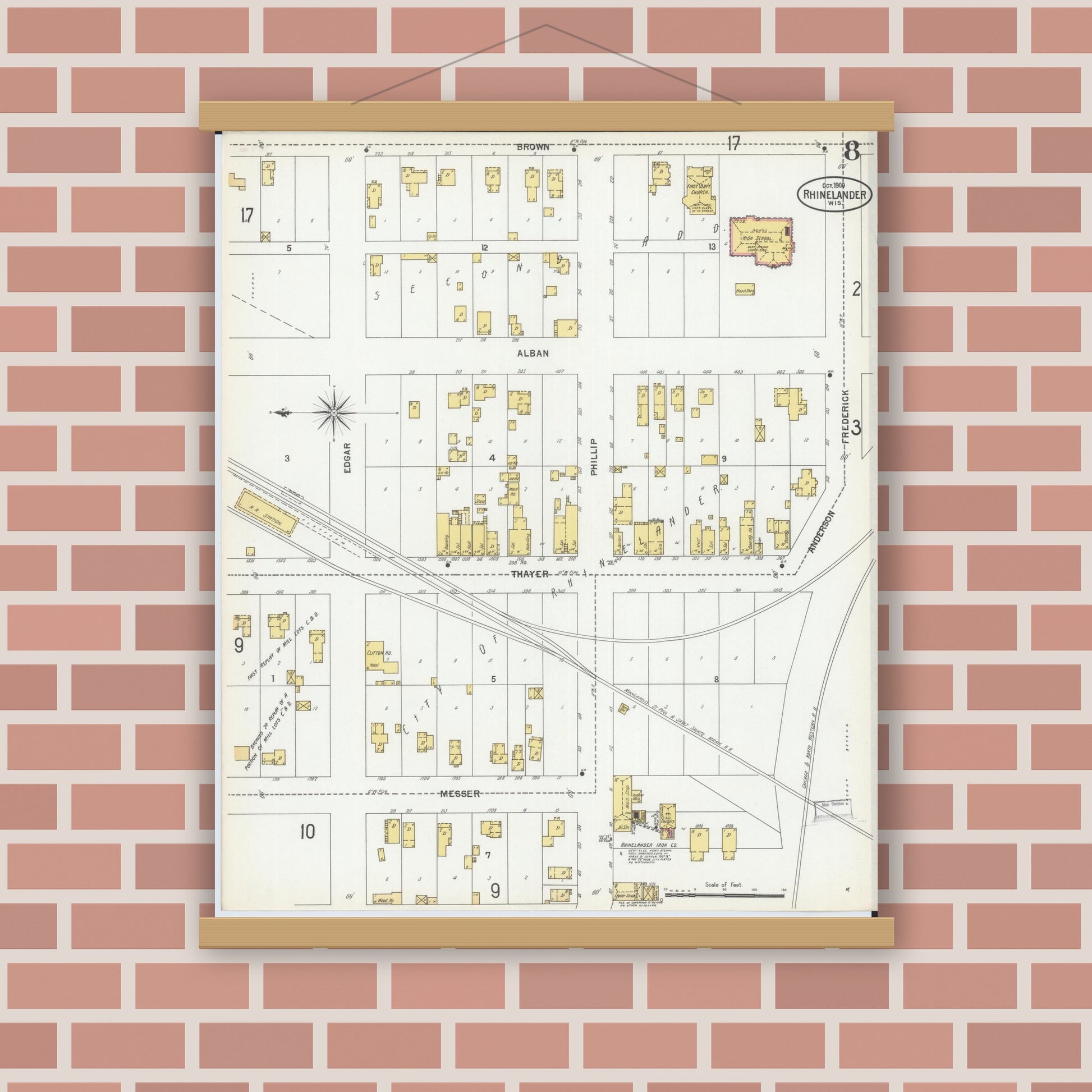 Old map wall art mockup — magnetic wood frame on brick wall — Sanborn Fire Insurance Map from Rhinelander, Oneida County, Wisconsin (1900), Sheet #0008