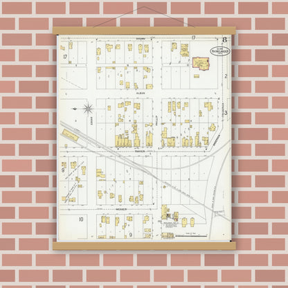 Old map wall art mockup — magnetic wood frame on brick wall — Sanborn Fire Insurance Map from Rhinelander, Oneida County, Wisconsin (1900), Sheet #0008