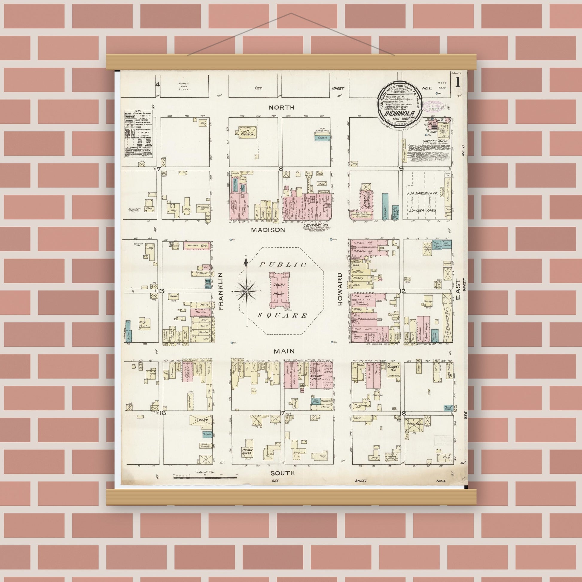 Old map wall art mockup — magnetic wood frame on brick wall — Sanborn Fire Insurance Map from Indianola, Warren County, Iowa (1886) â€” Complete Set