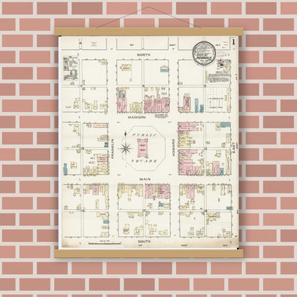 Old map wall art mockup — magnetic wood frame on brick wall — Sanborn Fire Insurance Map from Indianola, Warren County, Iowa (1886) â€” Complete Set