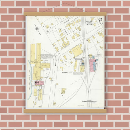 Old map wall art mockup — magnetic wood frame on brick wall — Sanborn Fire Insurance Map from Alpena, Alpena County, Michigan (1910), Sheet #0025