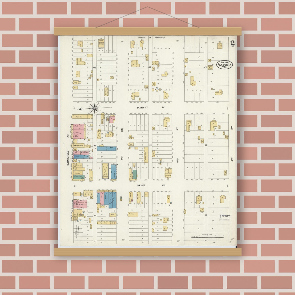 Old map wall art mockup — magnetic wood frame on brick wall — Sanborn Fire Insurance Map from Flatonia, Fayette County, Texas (1906), Sheet #0002