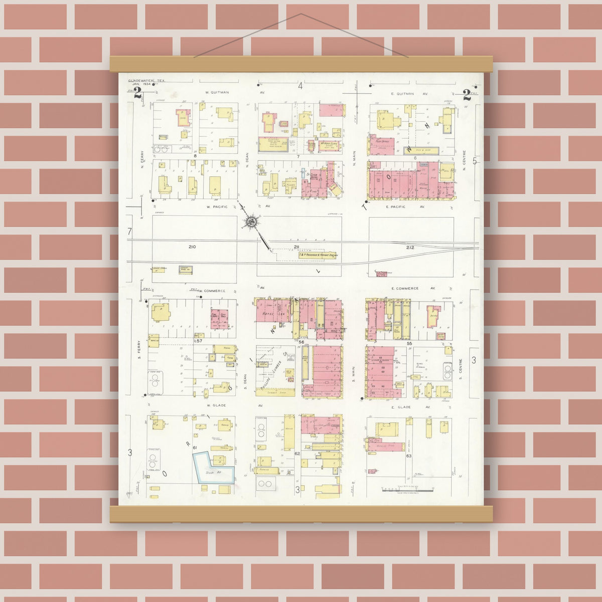 Old map wall art mockup — magnetic wood frame on brick wall — Sanborn Fire Insurance Map from Gladewater, Gregg County, Texas (1934), Sheet #0002