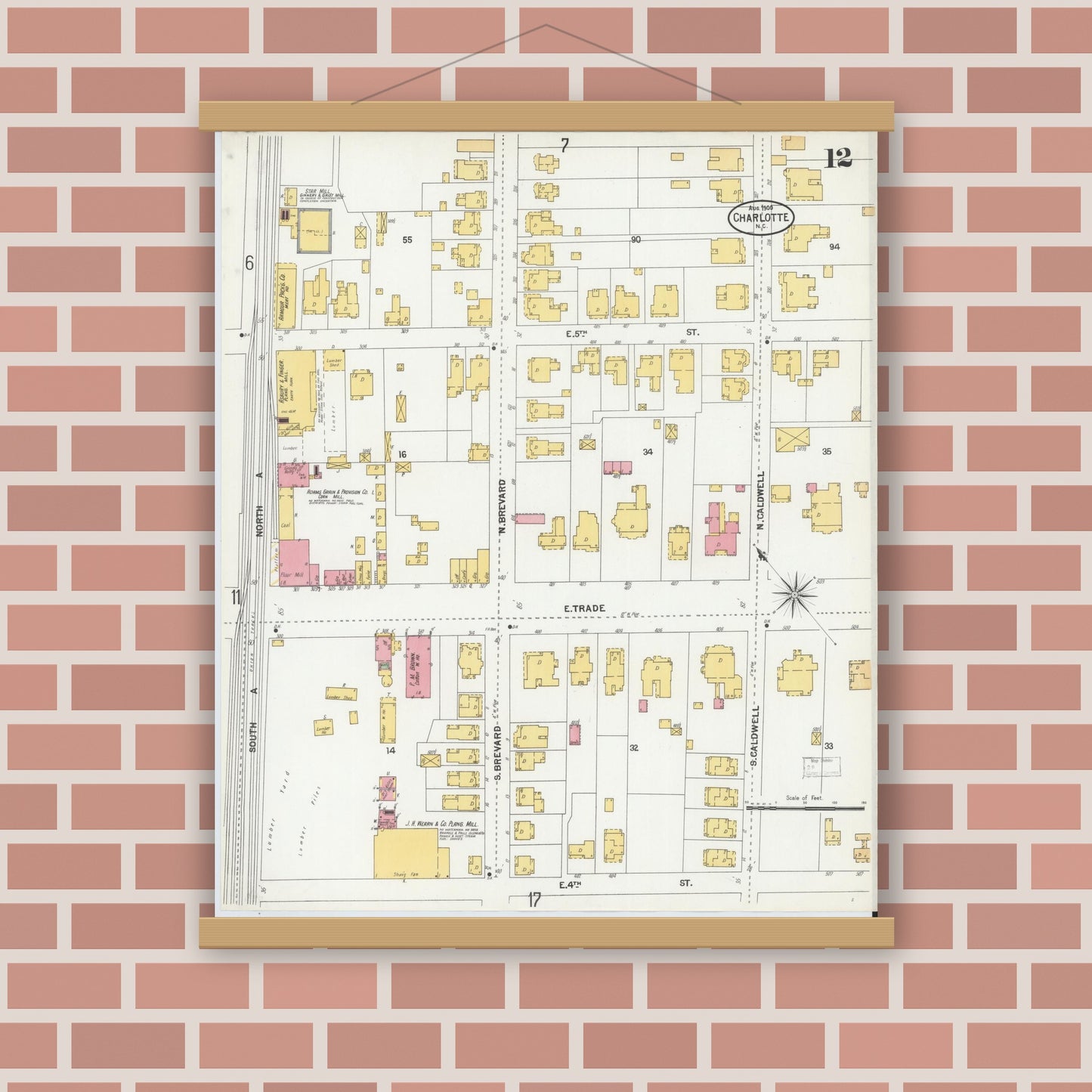 Old map wall art mockup — magnetic wood frame on brick wall — Sanborn Fire Insurance Map from Charlotte, Mecklenburg County, North Carolina (1900), Sheet #0012