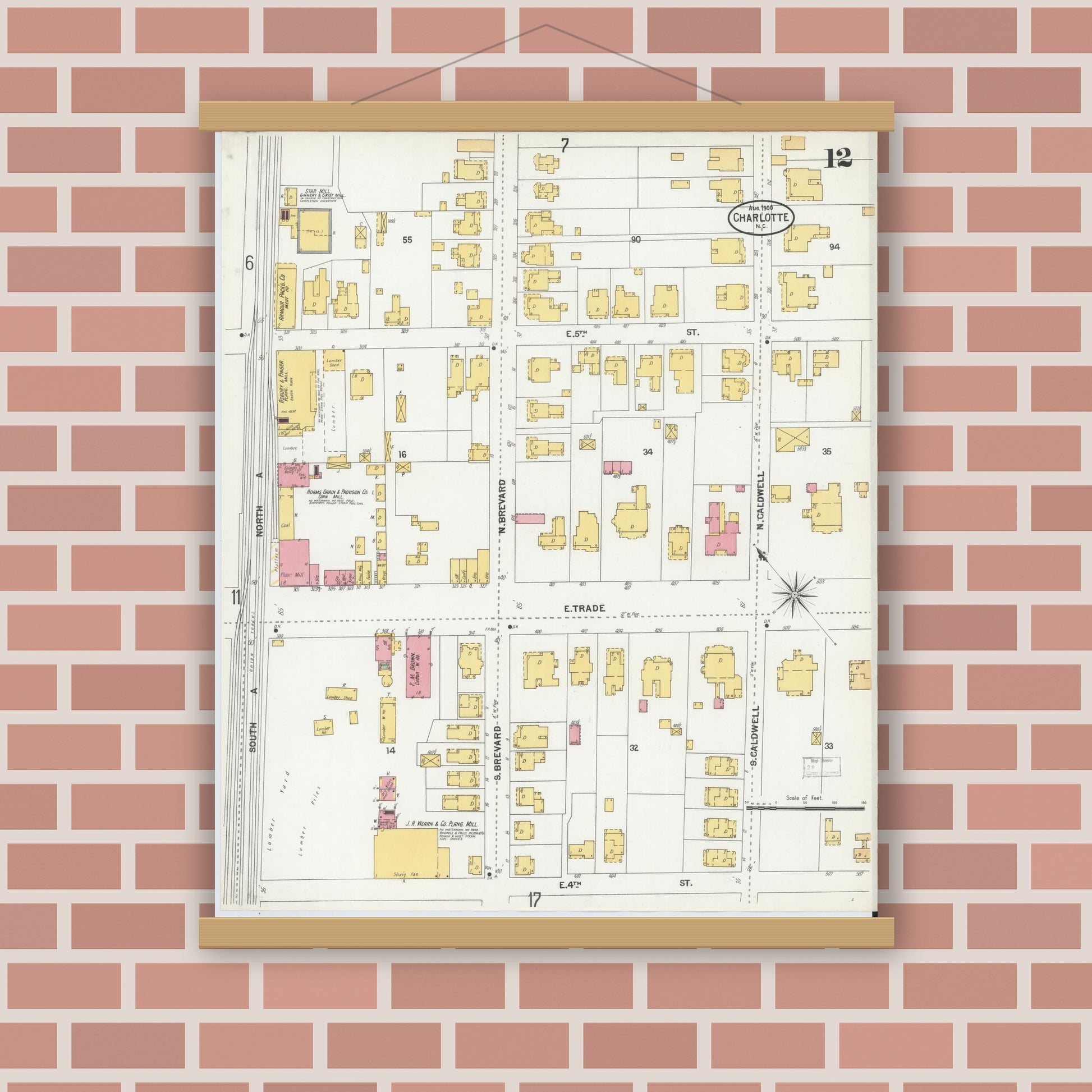 Old map wall art mockup — magnetic wood frame on brick wall — Sanborn Fire Insurance Map from Charlotte, Mecklenburg County, North Carolina (1900), Sheet #0012