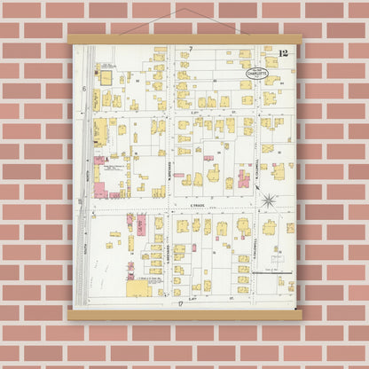 Old map wall art mockup — magnetic wood frame on brick wall — Sanborn Fire Insurance Map from Charlotte, Mecklenburg County, North Carolina (1900), Sheet #0012