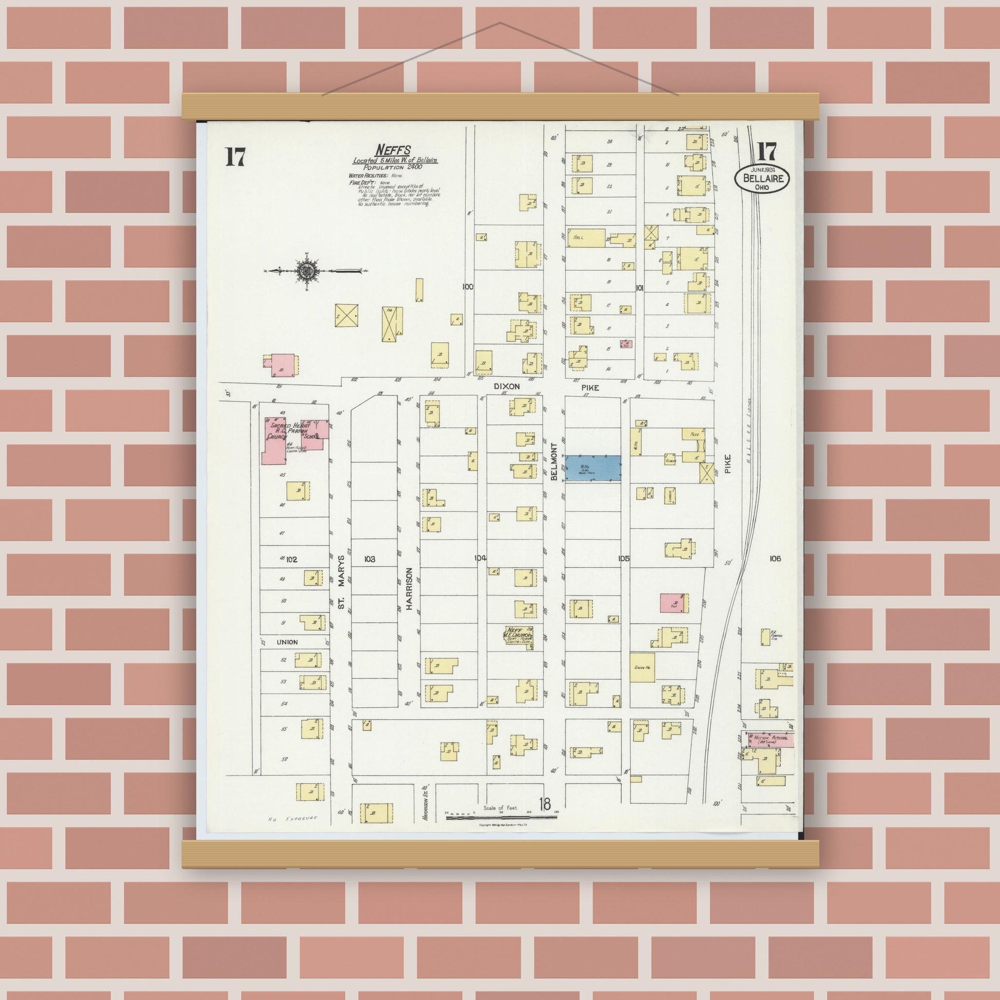 Old map wall art mockup — magnetic wood frame on brick wall — Sanborn Fire Insurance Map from Bellaire, Belmont County, Ohio (1924), Sheet #0017