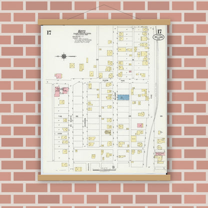 Old map wall art mockup — magnetic wood frame on brick wall — Sanborn Fire Insurance Map from Bellaire, Belmont County, Ohio (1924), Sheet #0017