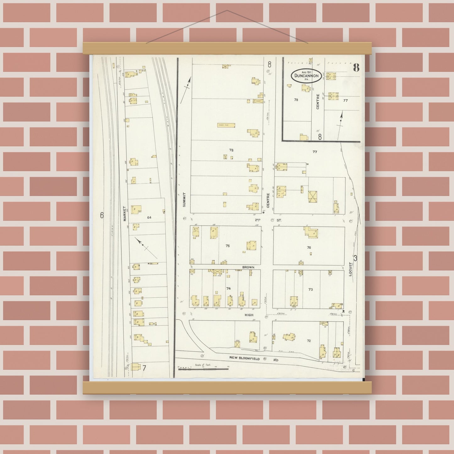 Old map wall art mockup — magnetic wood frame on brick wall — Sanborn Fire Insurance Map from Duncannon, Perry County, Pennsylvania (1911), Sheet #0008