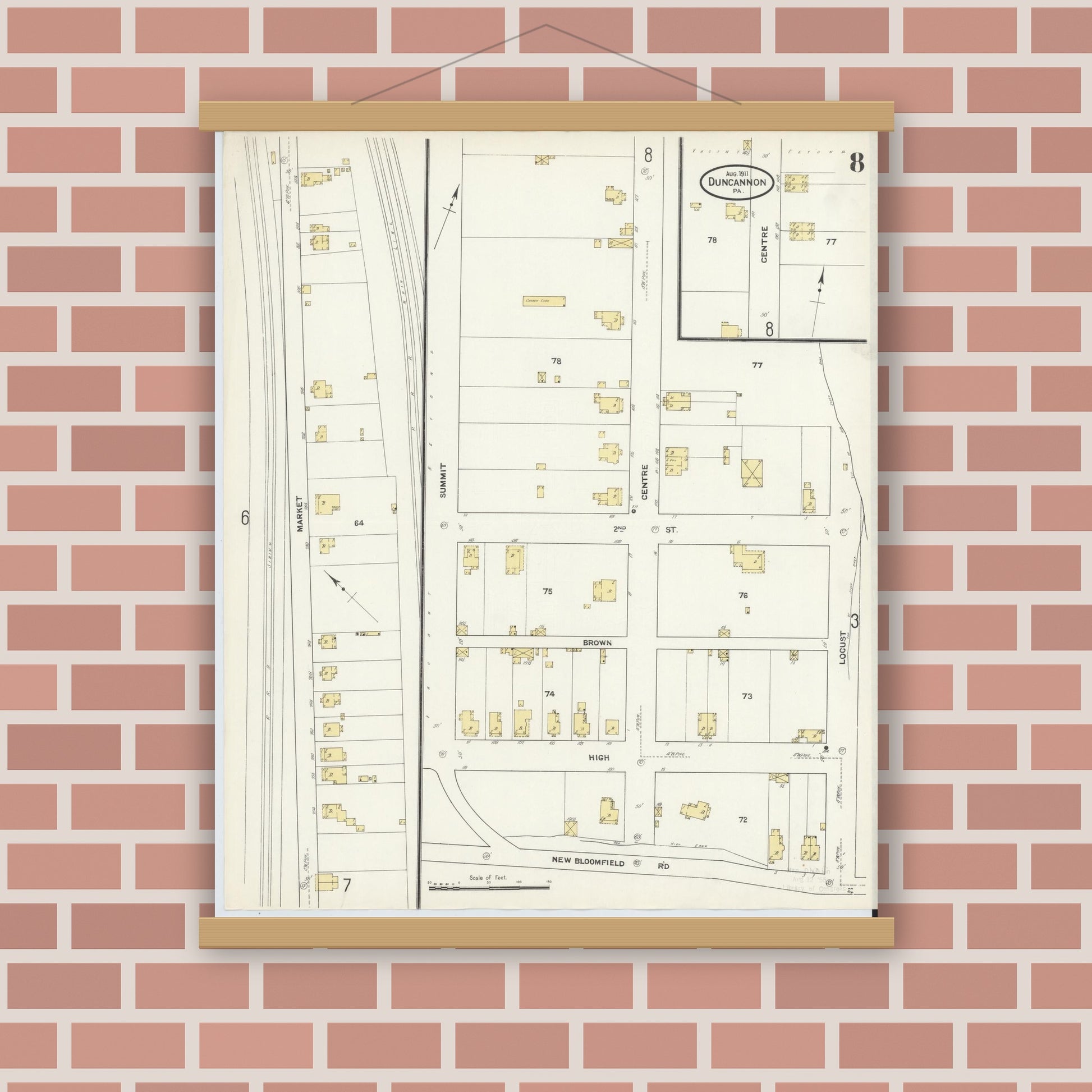 Old map wall art mockup — magnetic wood frame on brick wall — Sanborn Fire Insurance Map from Duncannon, Perry County, Pennsylvania (1911), Sheet #0008