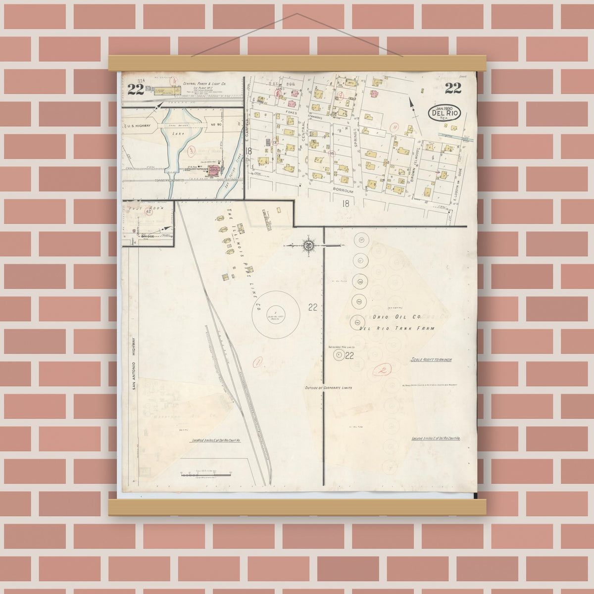 Old map wall art mockup — magnetic wood frame on brick wall — Sanborn Fire Insurance Map from Del Rio, Val Verde County, Texas (1948), Sheet #0022