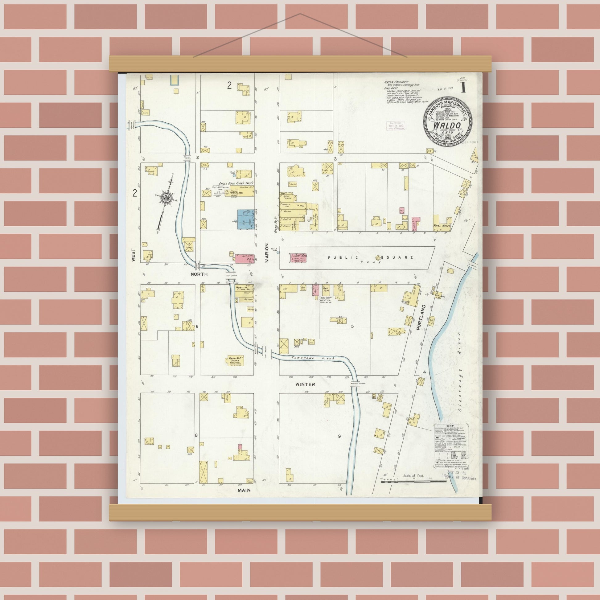 Old map wall art mockup — magnetic wood frame on brick wall — Sanborn Fire Insurance Map from Waldo, Marion County, Ohio (1912) - Complete Map Set