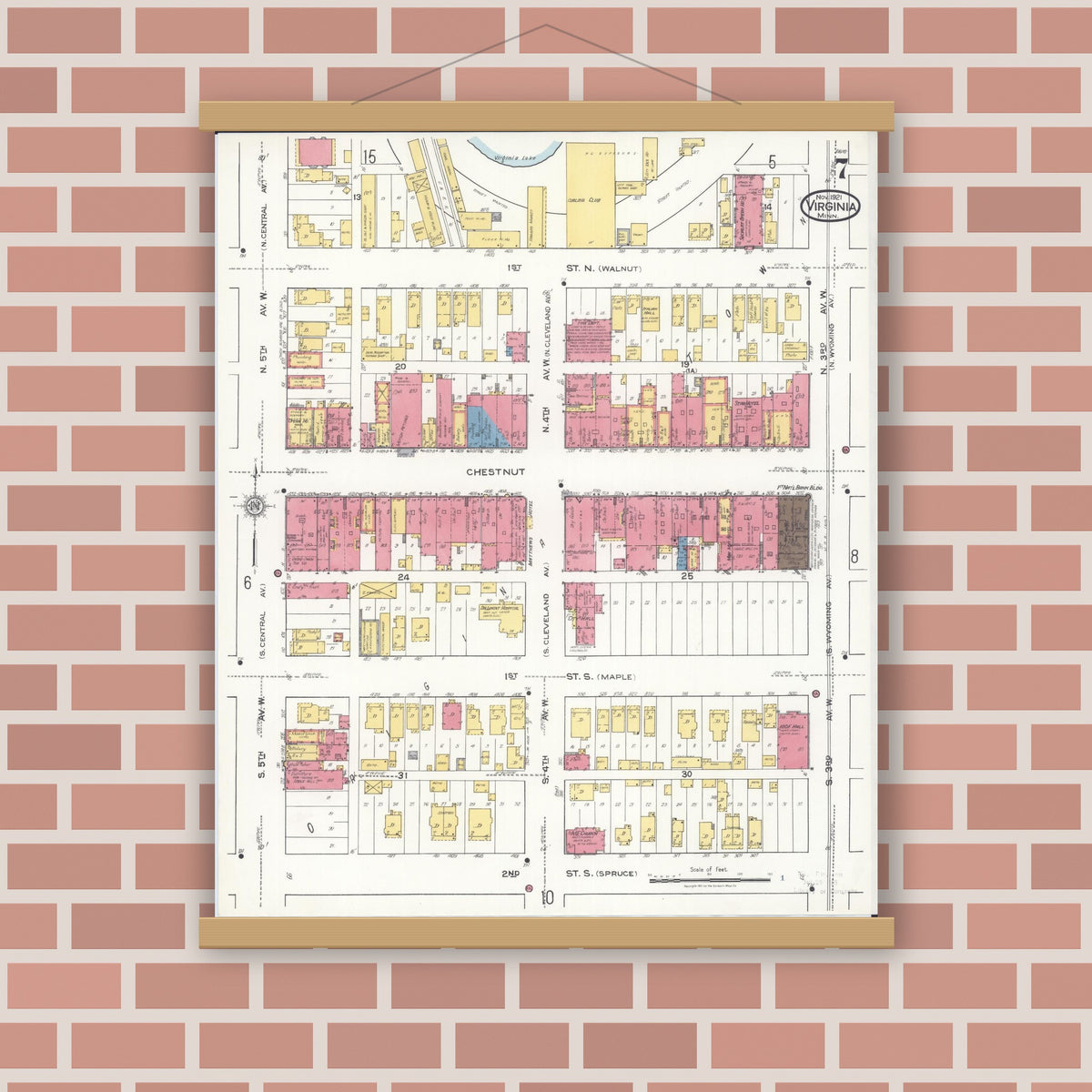 Old map wall art mockup — magnetic wood frame on brick wall — Sanborn Fire Insurance Map from Virginia, Saint Louis County, Minnesota (1921), Sheet #0007