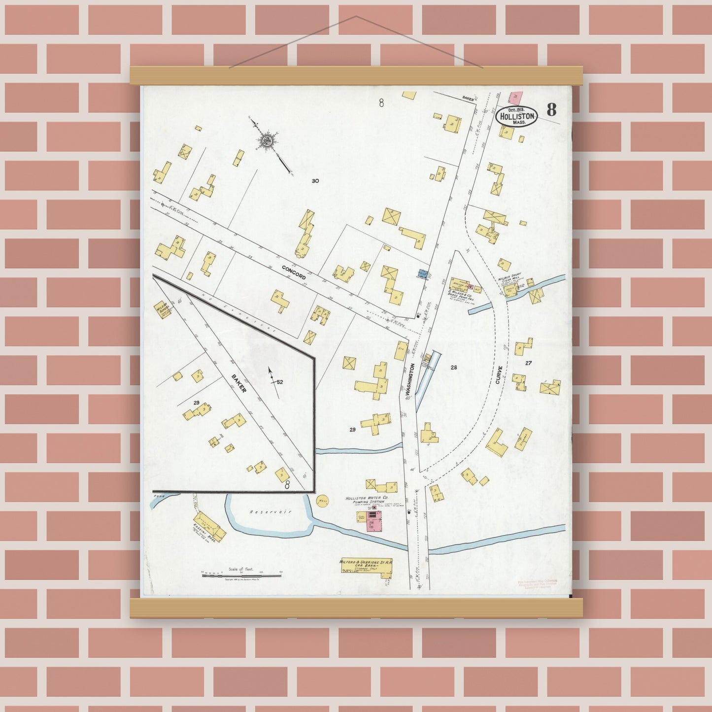 Old map wall art mockup — magnetic wood frame on brick wall — Sanborn Fire Insurance Map from Holliston, Middlesex County, Massachusetts (1919), Sheet #0008