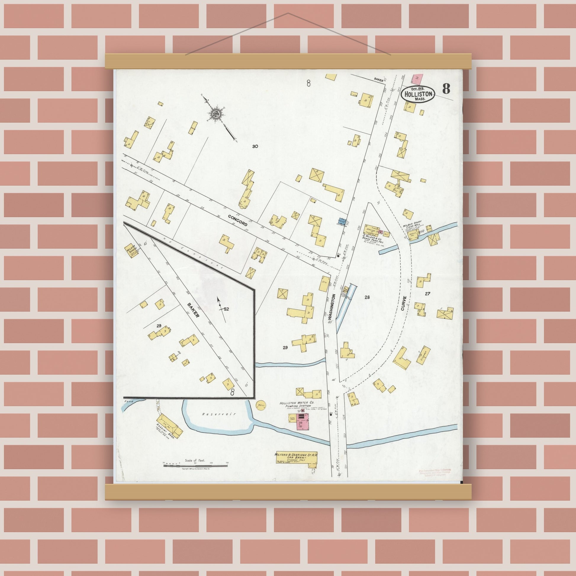 Old map wall art mockup — magnetic wood frame on brick wall — Sanborn Fire Insurance Map from Holliston, Middlesex County, Massachusetts (1919), Sheet #0008