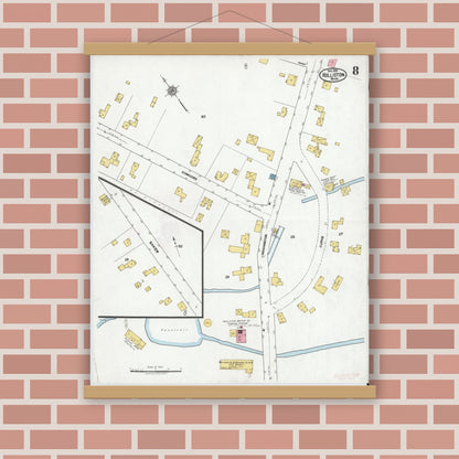 Old map wall art mockup — magnetic wood frame on brick wall — Sanborn Fire Insurance Map from Holliston, Middlesex County, Massachusetts (1919), Sheet #0008