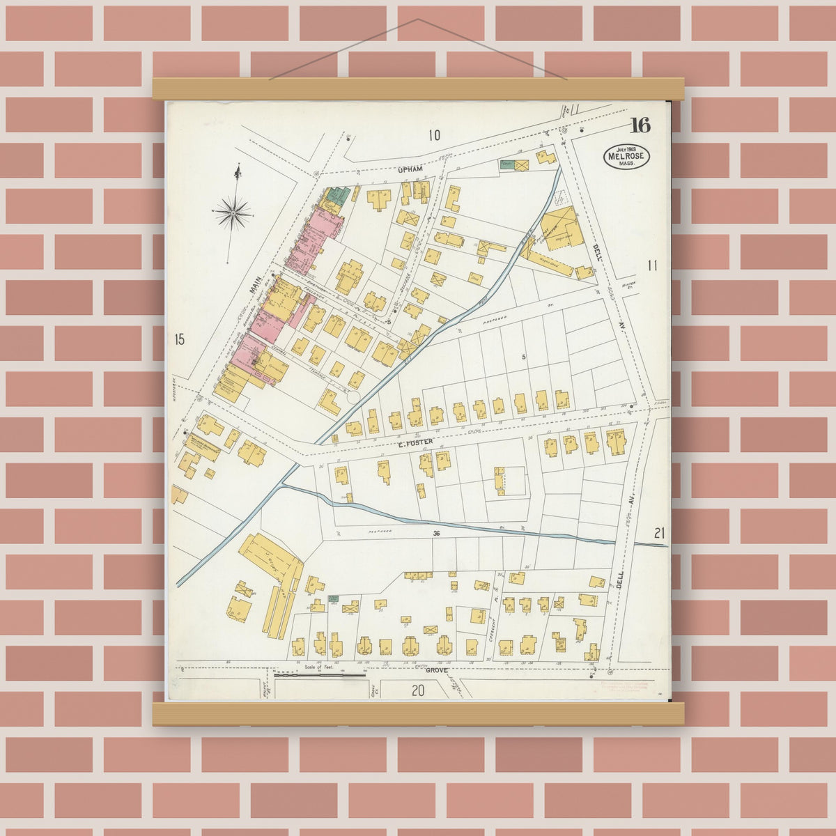 Old map wall art mockup — magnetic wood frame on brick wall — Sanborn Fire Insurance Map from Melrose, Middlesex County, Massachusetts (1903), Sheet #0016