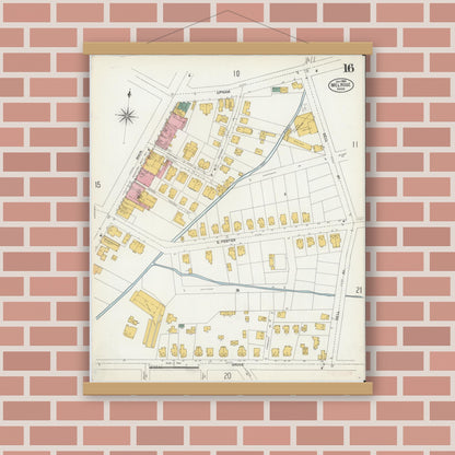 Old map wall art mockup — magnetic wood frame on brick wall — Sanborn Fire Insurance Map from Melrose, Middlesex County, Massachusetts (1903), Sheet #0016