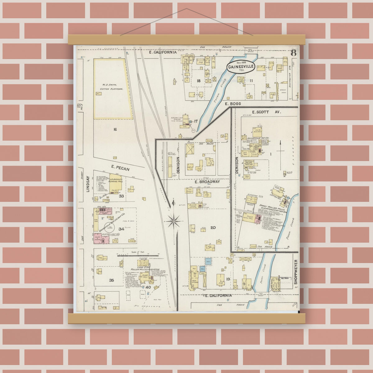 Old map wall art mockup — magnetic wood frame on brick wall — Sanborn Fire Insurance Map from Gainesville, Cooke County, Texas (1888), Sheet #0008