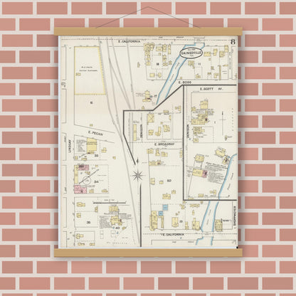 Old map wall art mockup — magnetic wood frame on brick wall — Sanborn Fire Insurance Map from Gainesville, Cooke County, Texas (1888), Sheet #0008