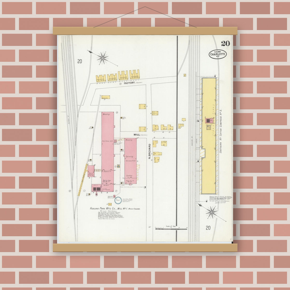 Old map wall art mockup — magnetic wood frame on brick wall — Sanborn Fire Insurance Map from Charlotte, Mecklenburg County, North Carolina (1900), Sheet #0020