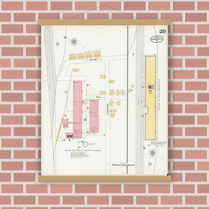 Old map wall art mockup — magnetic wood frame on brick wall — Sanborn Fire Insurance Map from Charlotte, Mecklenburg County, North Carolina (1900), Sheet #0020