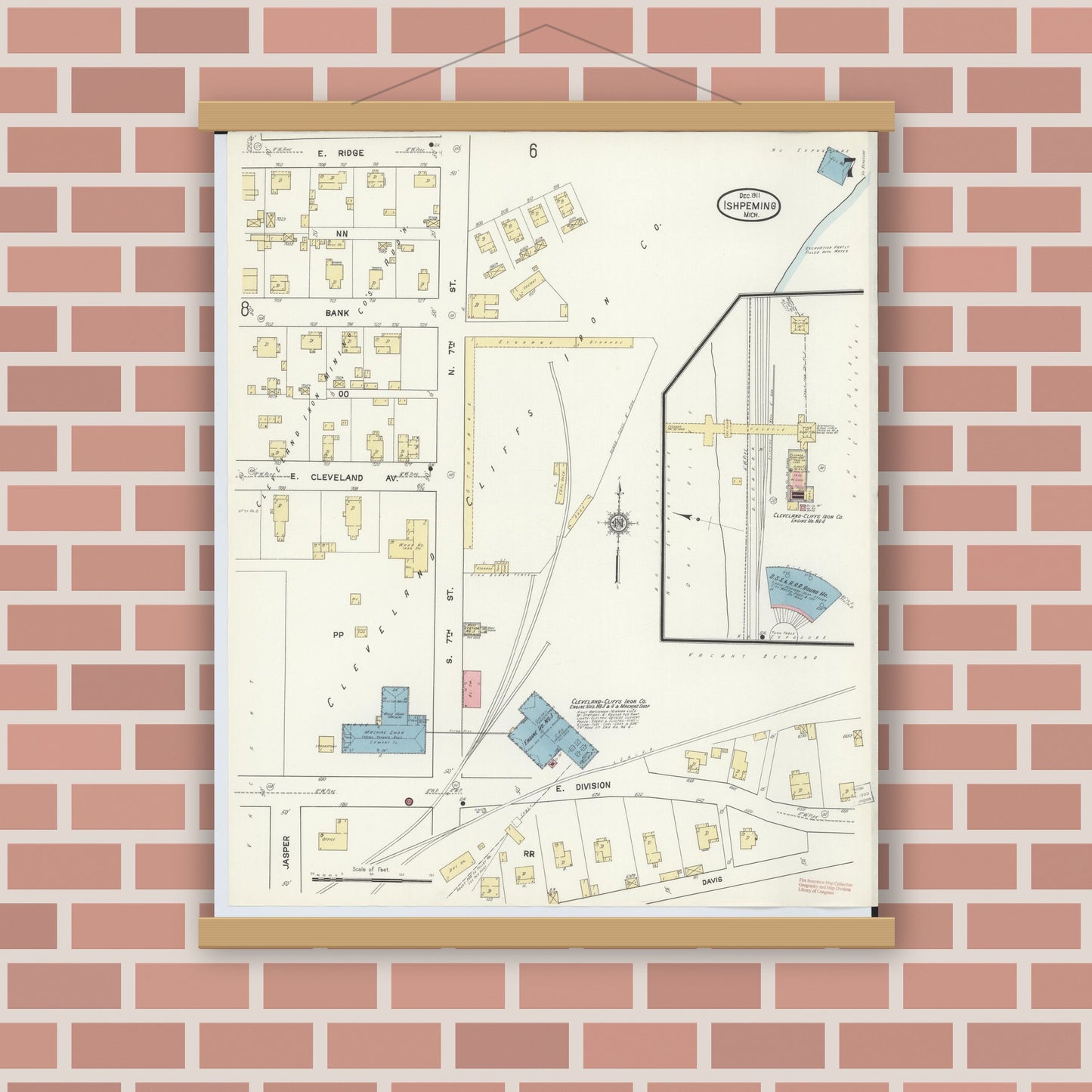 Old map wall art mockup — magnetic wood frame on brick wall — Sanborn Fire Insurance Map from Ishpeming, Marquette County, Michigan (1911), Sheet #0007