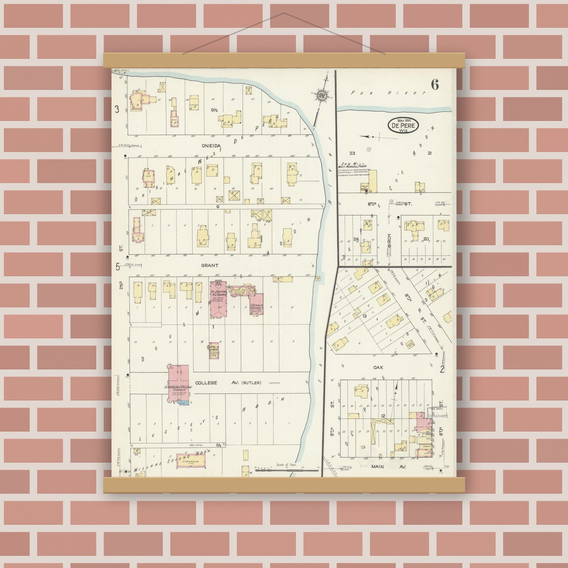 Old map wall art mockup — magnetic wood frame on brick wall — Sanborn Fire Insurance Map from De Pere, Brown County, Wisconsin (1914), Sheet #0006