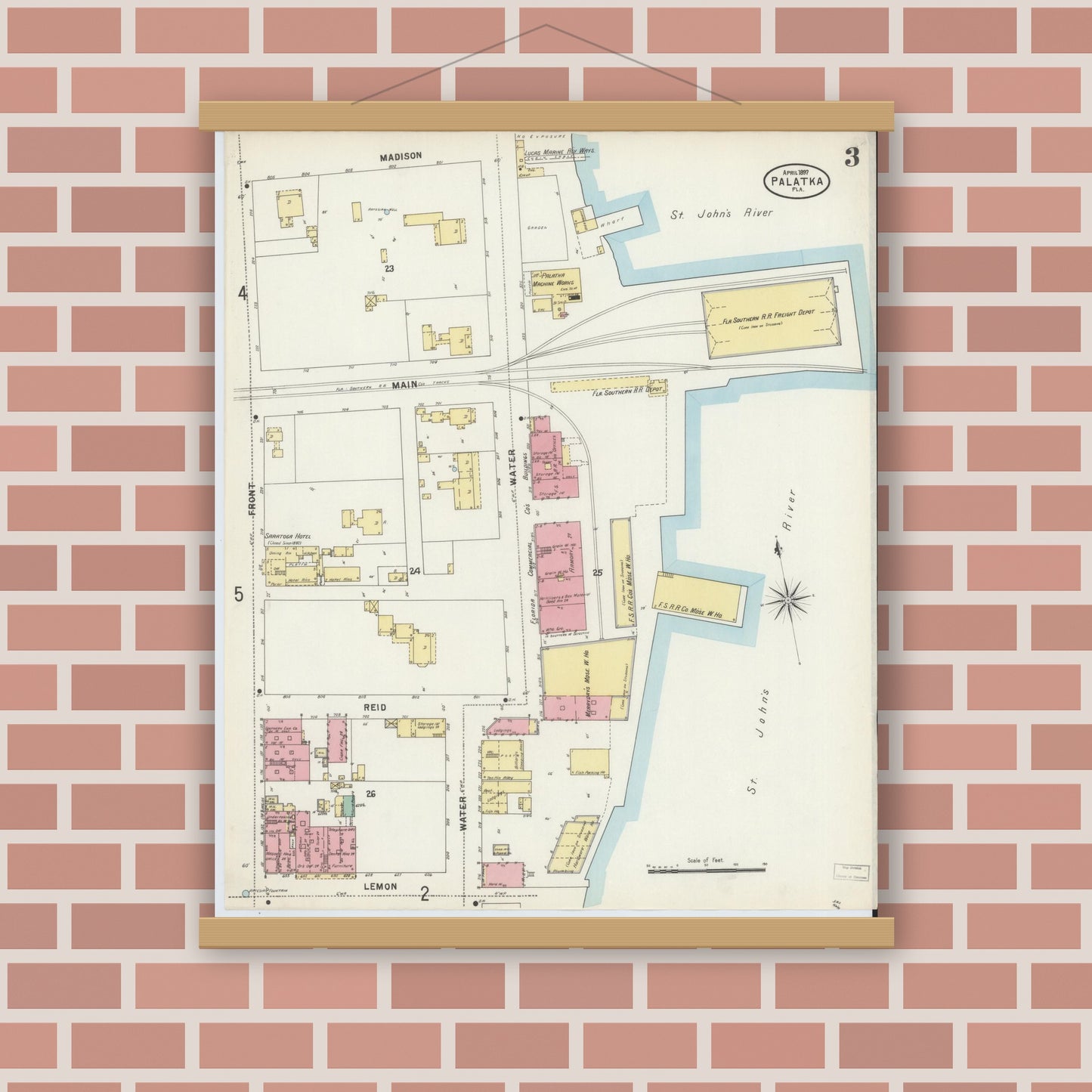 Old map wall art mockup — magnetic wood frame on brick wall — Sanborn Fire Insurance Map from Palatka, Putnam County, Florida (1897), Sheet #0003