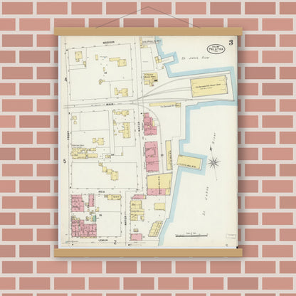 Old map wall art mockup — magnetic wood frame on brick wall — Sanborn Fire Insurance Map from Palatka, Putnam County, Florida (1897), Sheet #0003