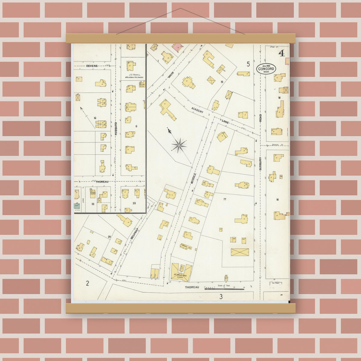Old map wall art mockup — magnetic wood frame on brick wall — Sanborn Fire Insurance Map from Concord, Middlesex County, Massachusetts (1903), Sheet #0004