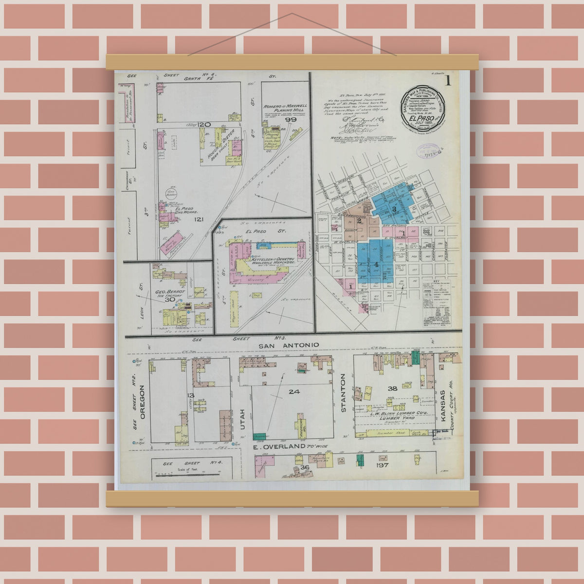 Old map wall art mockup — magnetic wood frame on brick wall — Sanborn Fire Insurance Map from El Paso, El Paso County, Texas (1885), Sheet #0001