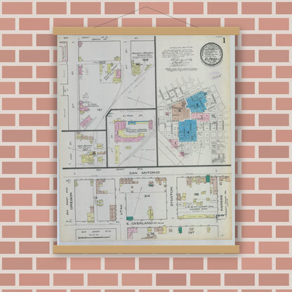 Old map wall art mockup — magnetic wood frame on brick wall — Sanborn Fire Insurance Map from El Paso, El Paso County, Texas (1885), Sheet #0001
