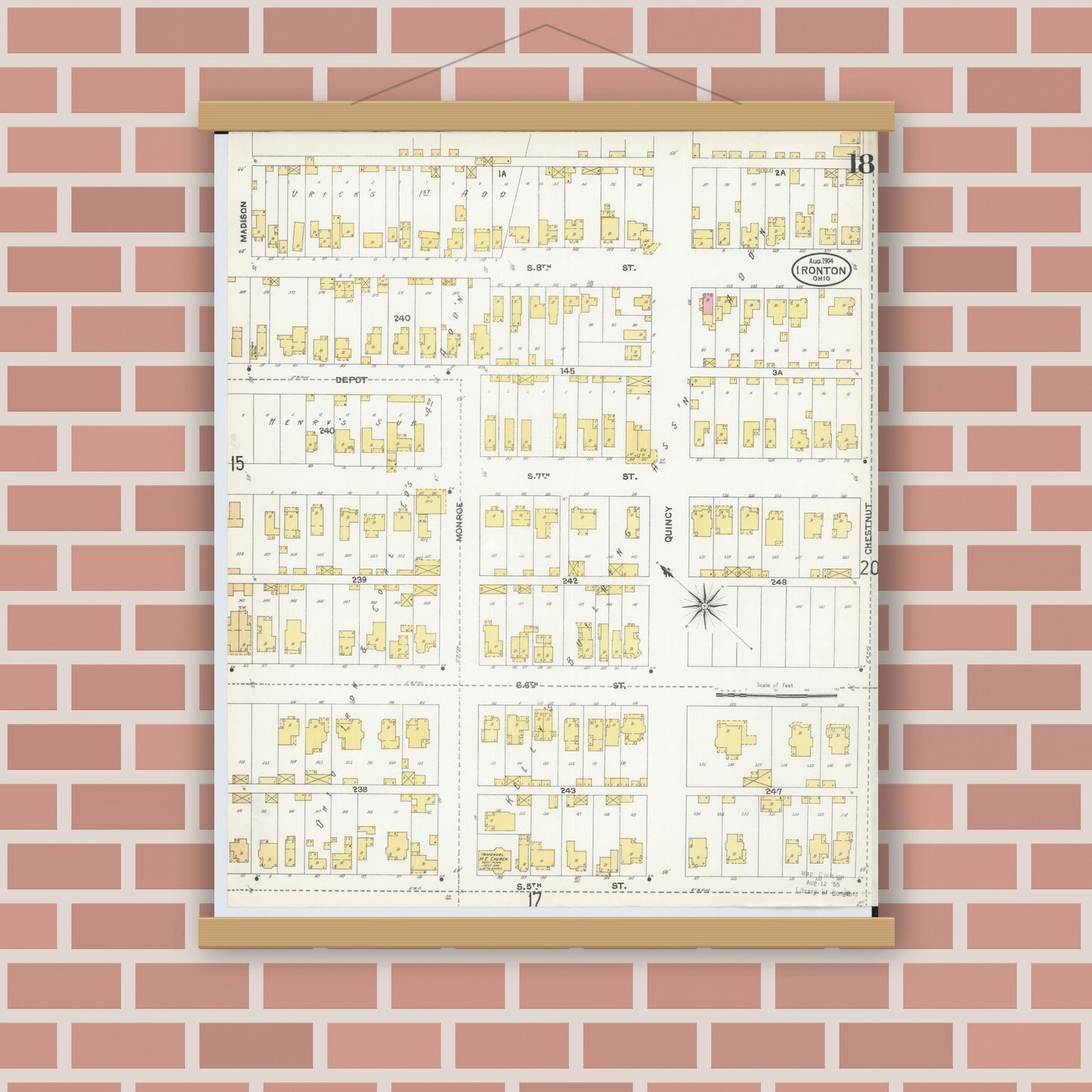 Old map wall art mockup — magnetic wood frame on brick wall — Sanborn Fire Insurance Map from Ironton, Lawrence County, Ohio (1904), Sheet #0018