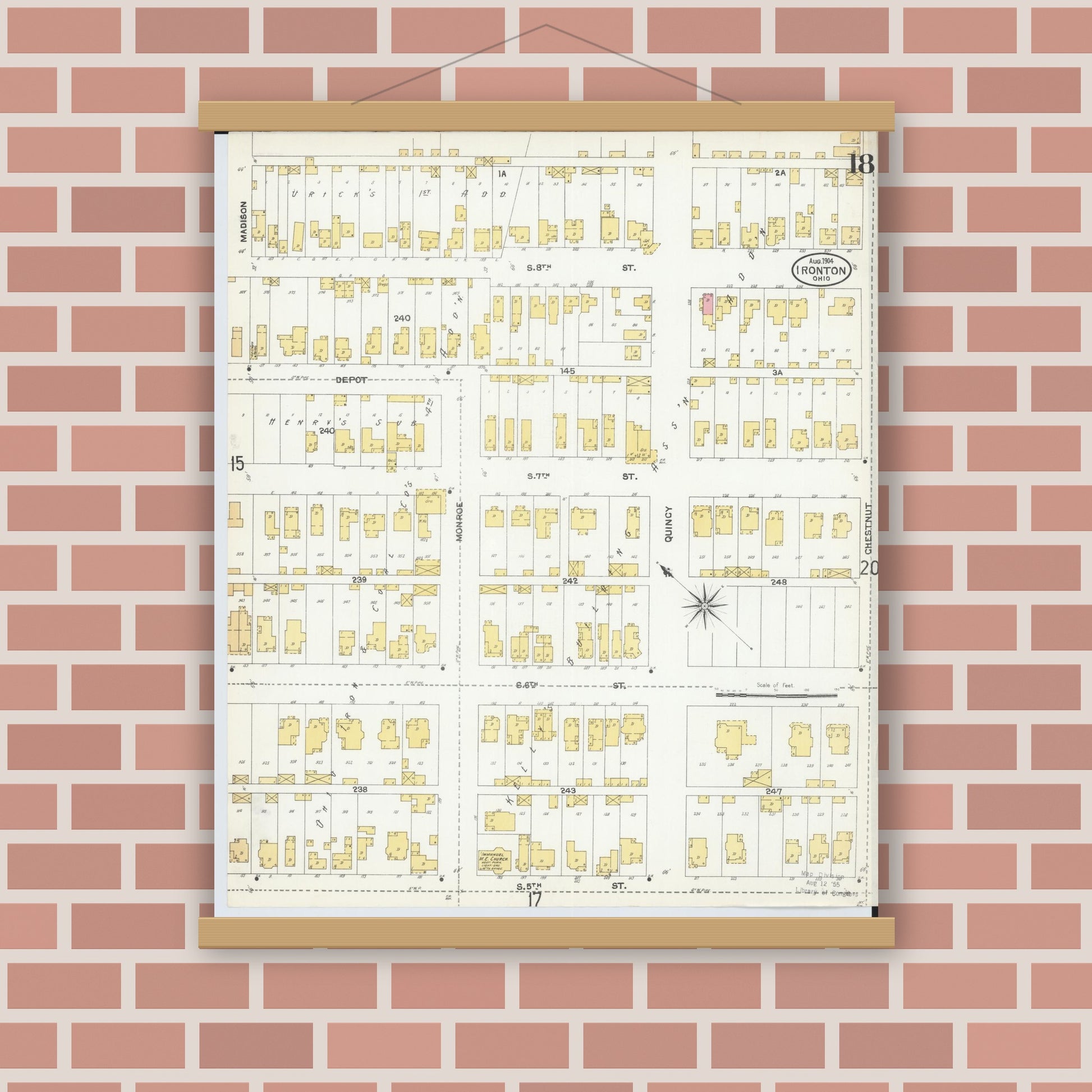 Old map wall art mockup — magnetic wood frame on brick wall — Sanborn Fire Insurance Map from Ironton, Lawrence County, Ohio (1904), Sheet #0018