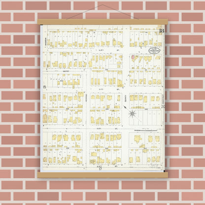 Old map wall art mockup — magnetic wood frame on brick wall — Sanborn Fire Insurance Map from Ironton, Lawrence County, Ohio (1904), Sheet #0018