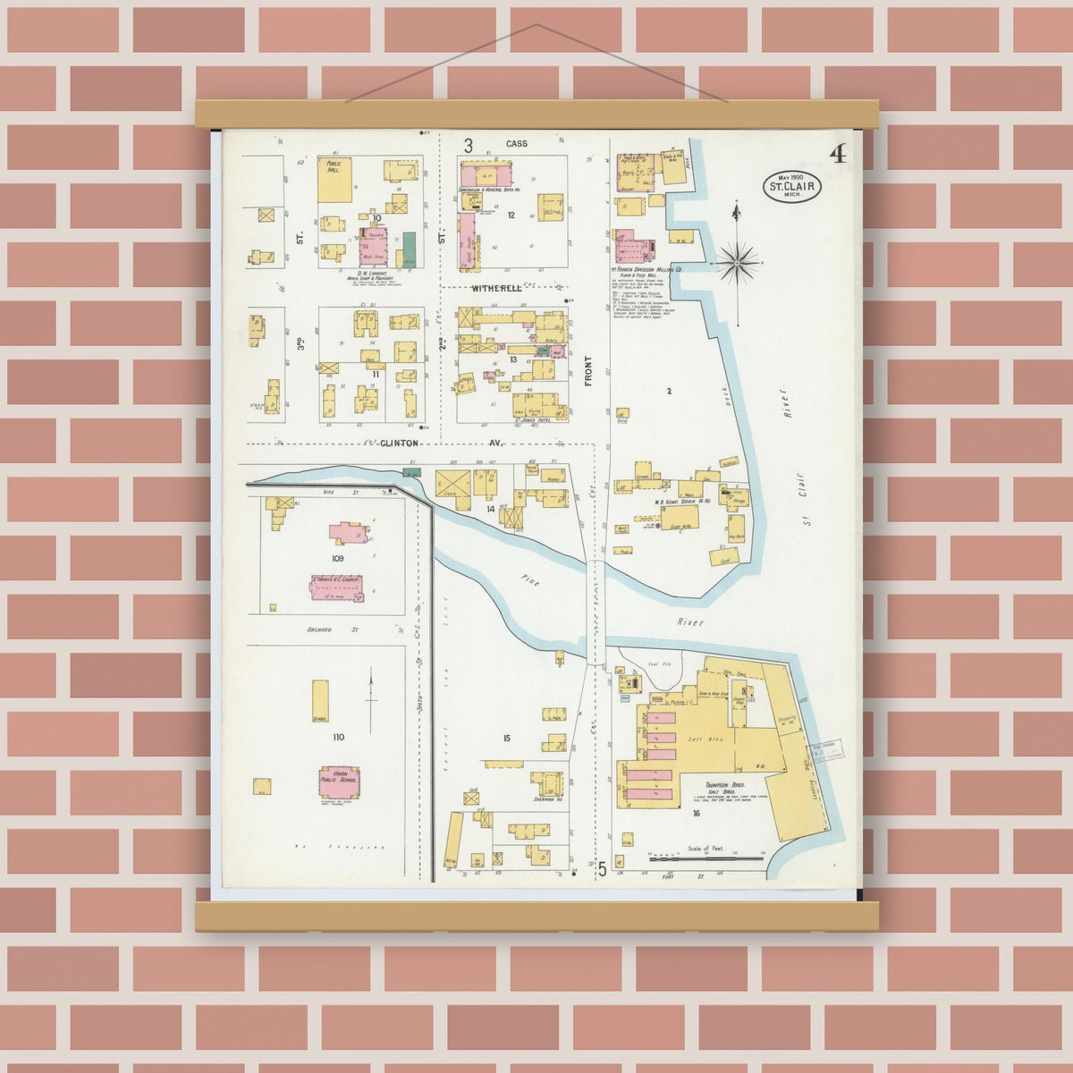 Old map wall art mockup — magnetic wood frame on brick wall — Sanborn Fire Insurance Map from Saint Clair, Saint Clair County, Michigan (1900), Sheet #0004