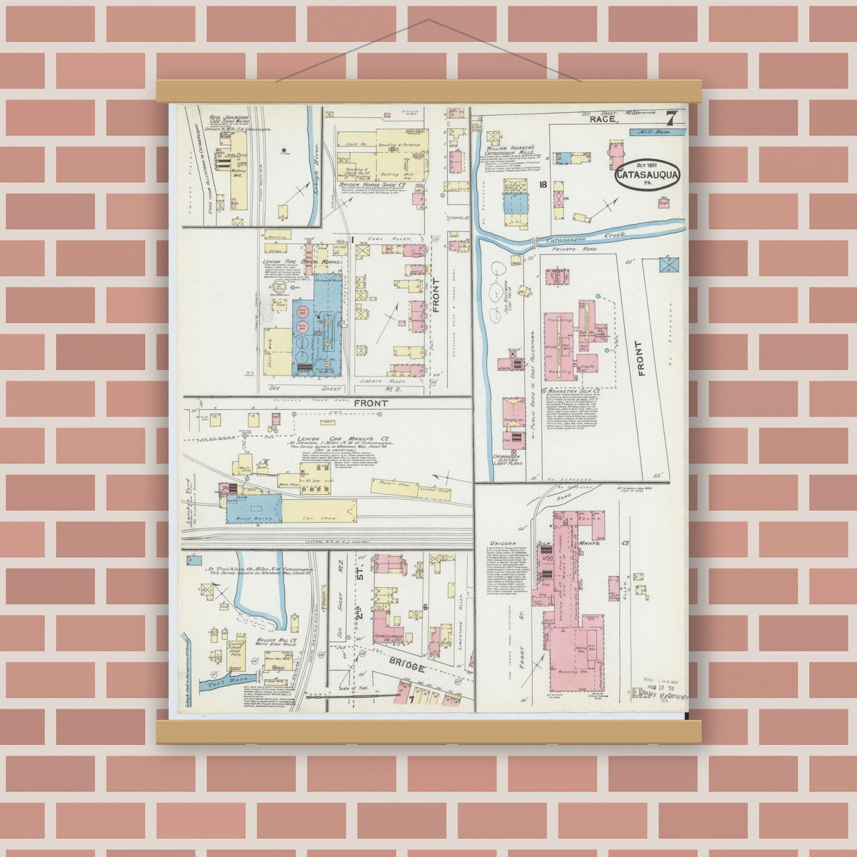 Old map wall art mockup — magnetic wood frame on brick wall — Sanborn Fire Insurance Map from Catasauqua, Lehigh County, Pennsylvania (1891), Sheet #0007