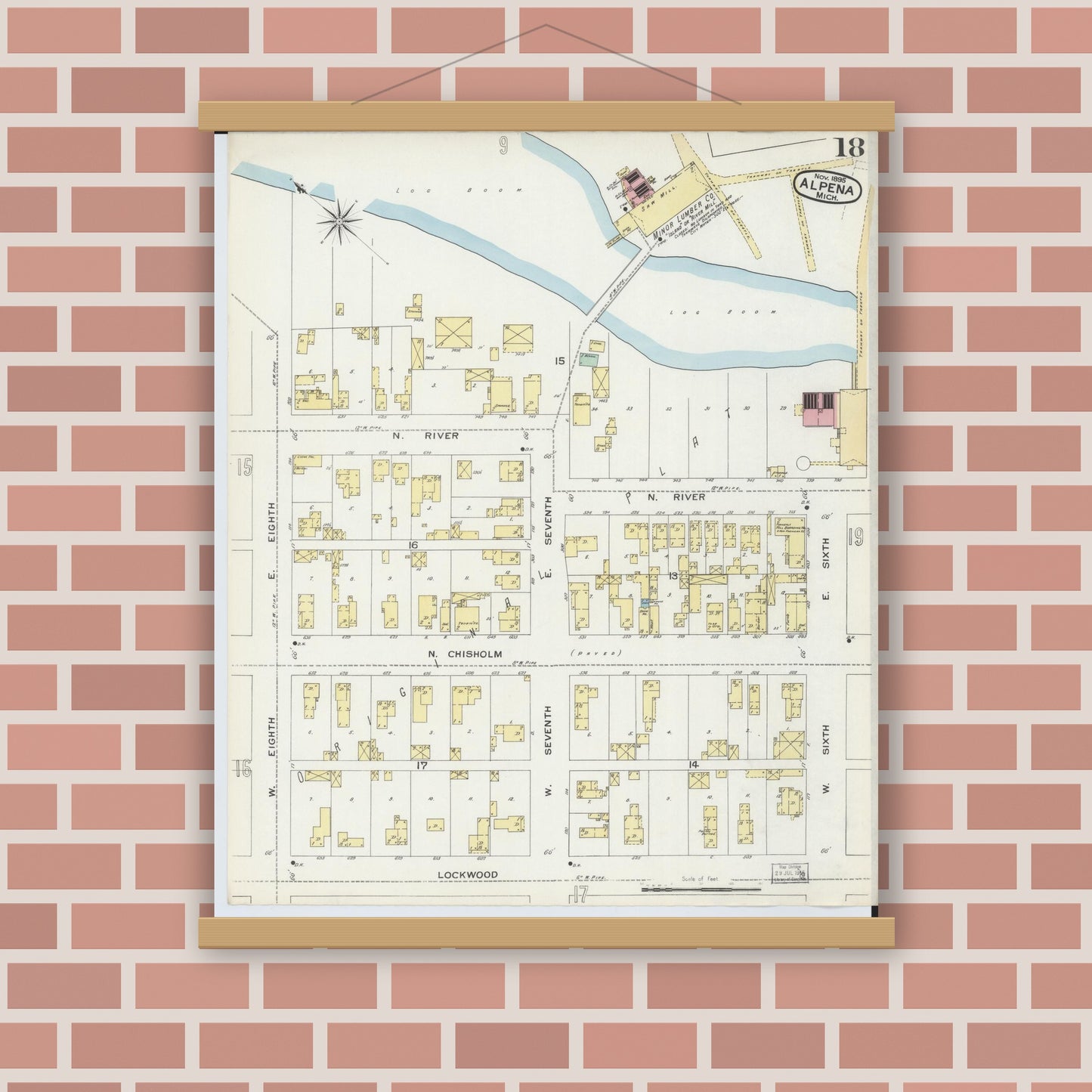 Old map wall art mockup — magnetic wood frame on brick wall — Sanborn Fire Insurance Map from Alpena, Alpena County, Michigan (1895), Sheet #0018
