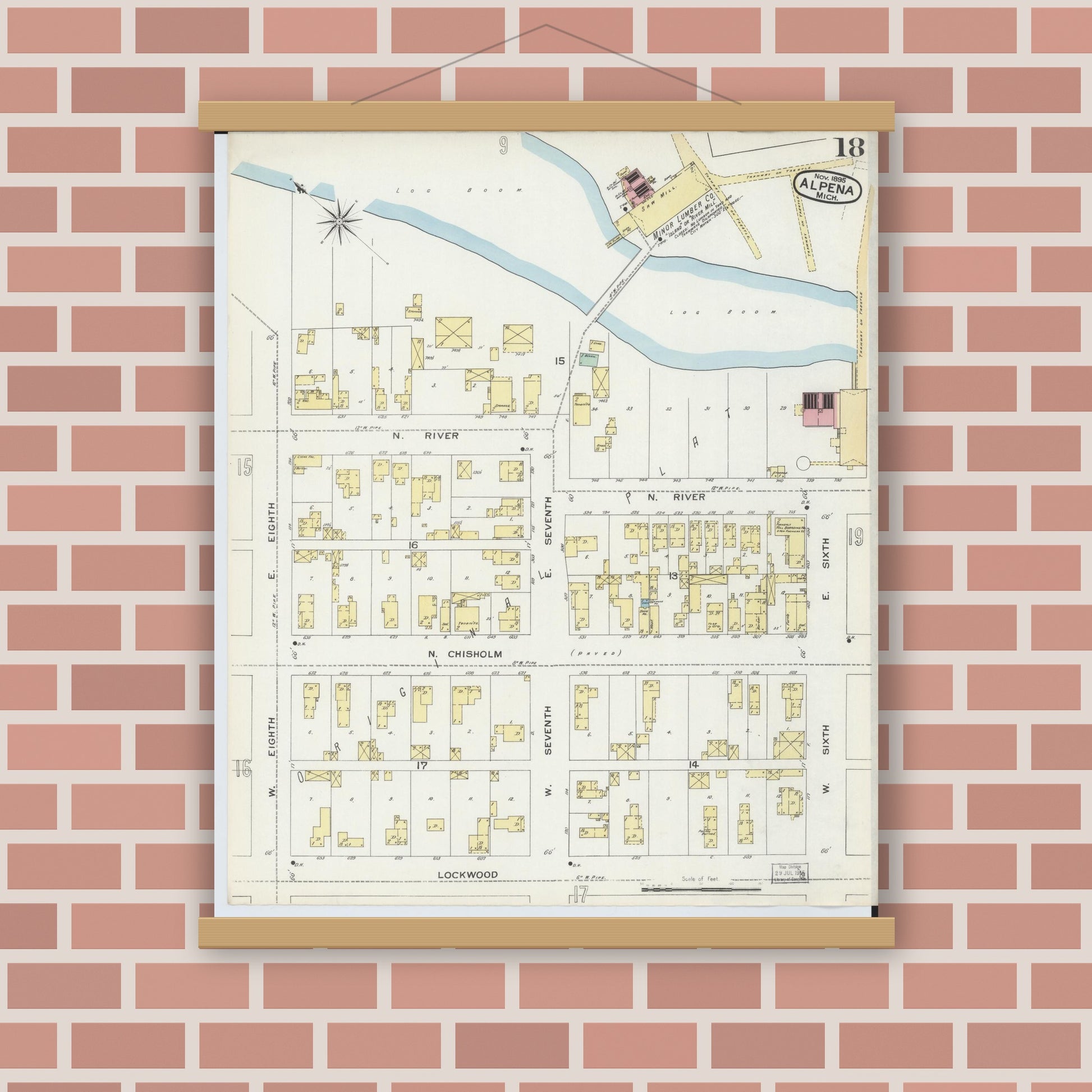 Old map wall art mockup — magnetic wood frame on brick wall — Sanborn Fire Insurance Map from Alpena, Alpena County, Michigan (1895), Sheet #0018