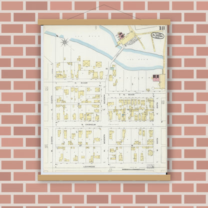Old map wall art mockup — magnetic wood frame on brick wall — Sanborn Fire Insurance Map from Alpena, Alpena County, Michigan (1895), Sheet #0018