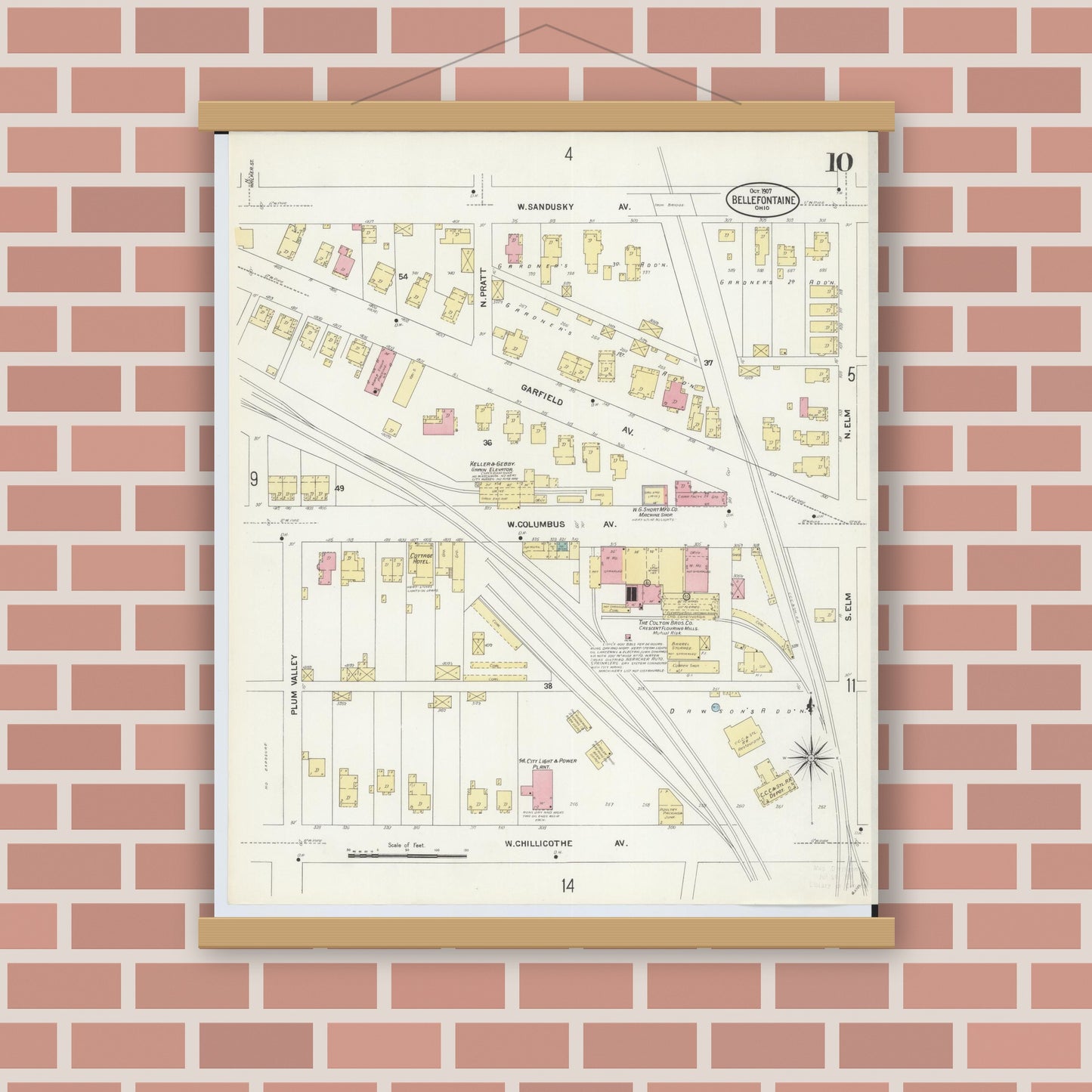 Old map wall art mockup — magnetic wood frame on brick wall — Sanborn Fire Insurance Map from Bellefontaine, Logan County, Ohio (1907), Sheet #0010