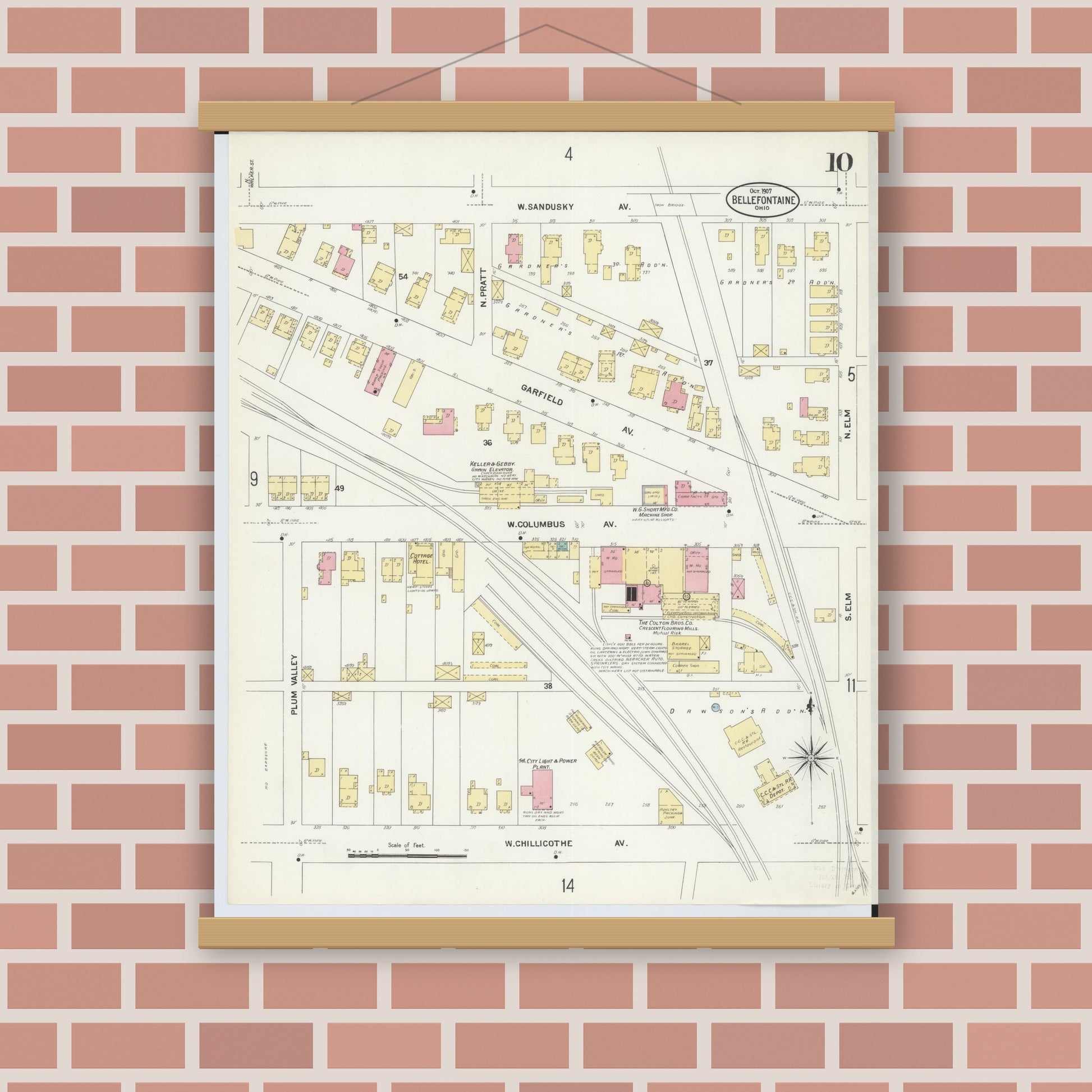 Old map wall art mockup — magnetic wood frame on brick wall — Sanborn Fire Insurance Map from Bellefontaine, Logan County, Ohio (1907), Sheet #0010