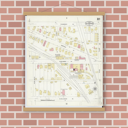 Old map wall art mockup — magnetic wood frame on brick wall — Sanborn Fire Insurance Map from Bellefontaine, Logan County, Ohio (1907), Sheet #0010