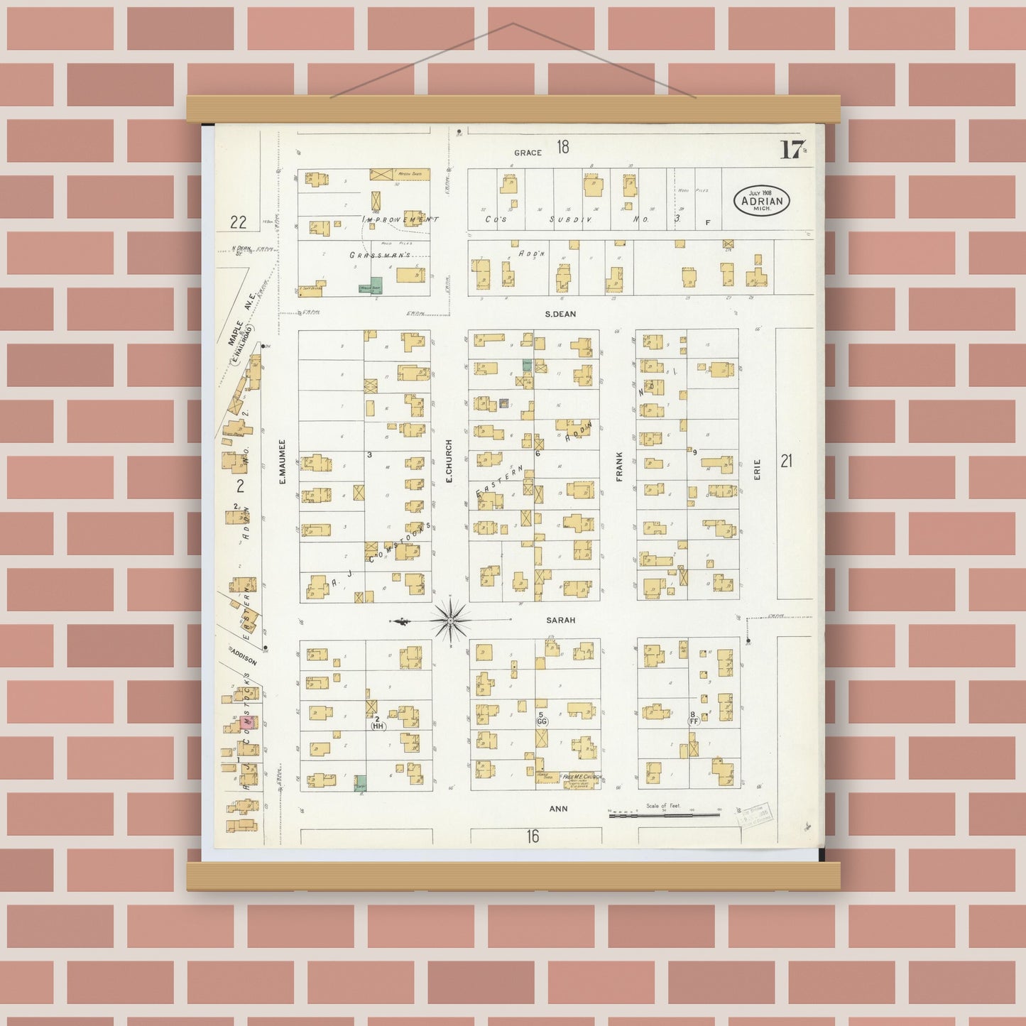 Old map wall art mockup — magnetic wood frame on brick wall — Sanborn Fire Insurance Map from Adrian, Lenawee County, Michigan (1908), Sheet #0017