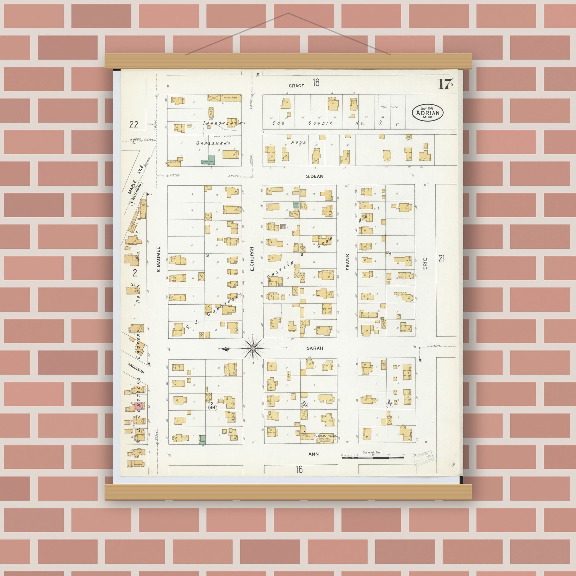 Old map wall art mockup — magnetic wood frame on brick wall — Sanborn Fire Insurance Map from Adrian, Lenawee County, Michigan (1908), Sheet #0017